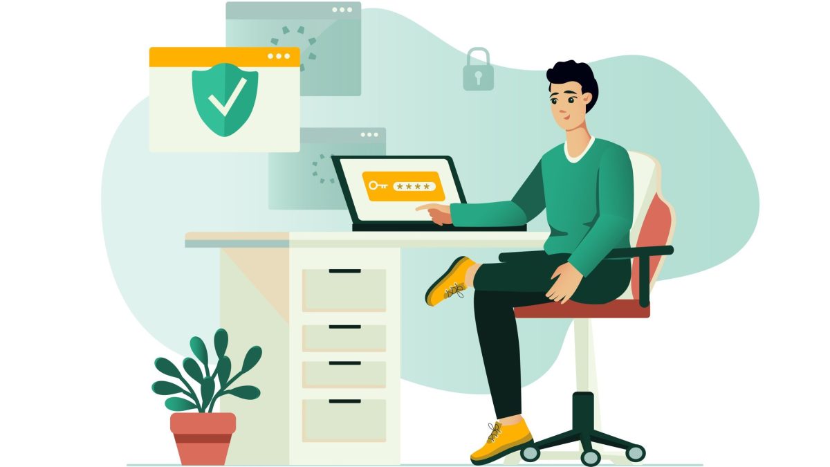 Grafik Mensch sitzt am Schreibtisch mit Laptop. Um ihn herum Symbole für IT-Sicherheit