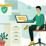 Grafik Mensch sitzt am Schreibtisch mit Laptop. Um ihn herum Symbole für IT-Sicherheit