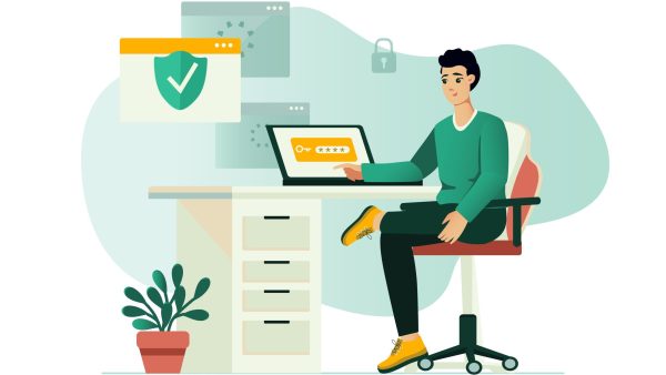 Grafik Mensch sitzt am Schreibtisch mit Laptop. Um ihn herum Symbole für IT-Sicherheit