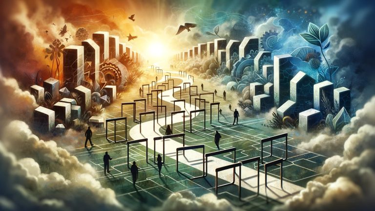 Ein Weg mit mehreren Menschensilhouetten. Am Wegesrand stehen Hausblöcke. Am Rand des Bildes sind Rauch und Wolken zu sehen