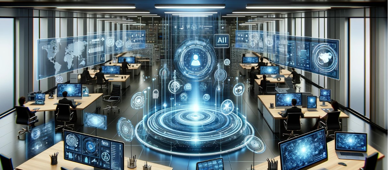 Ein Raum voll mit Laptops und Hologrammen, die Daten anzeigen