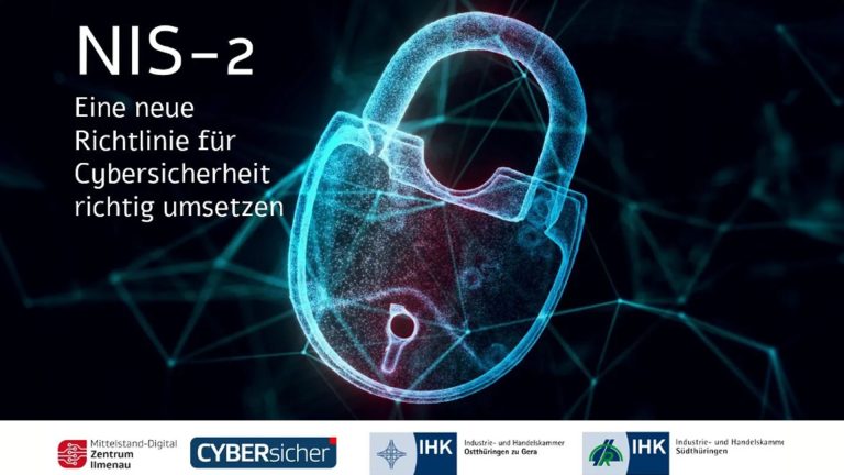 Unterhalb des Bildes ist eine weiße Zeile mit verschiedenen Logos zu sehen. In der Mitte sieht man ein Schloss auf dunklem Hintergrund. Oben links steht der Text "NIS-2 Eine neue Richtlinie für Cybersicherheit richtig umsetzen"