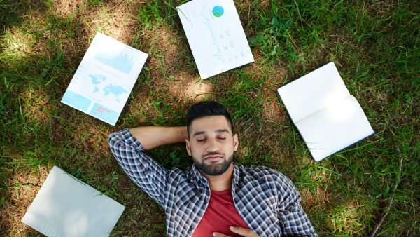 Ein Mann liegt entspannt im Gras. Um ihn herum lauter Arbeitsunterlagen