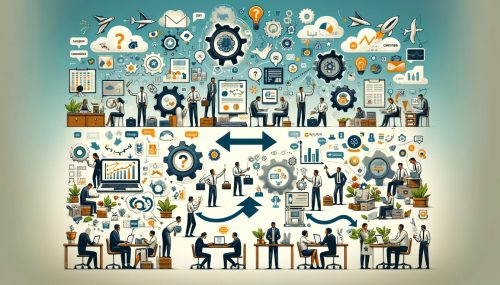 Man sieht mehrere kleine Grafiken in einem Bild. Darauf sind meist Personen im Büro zu sehen.