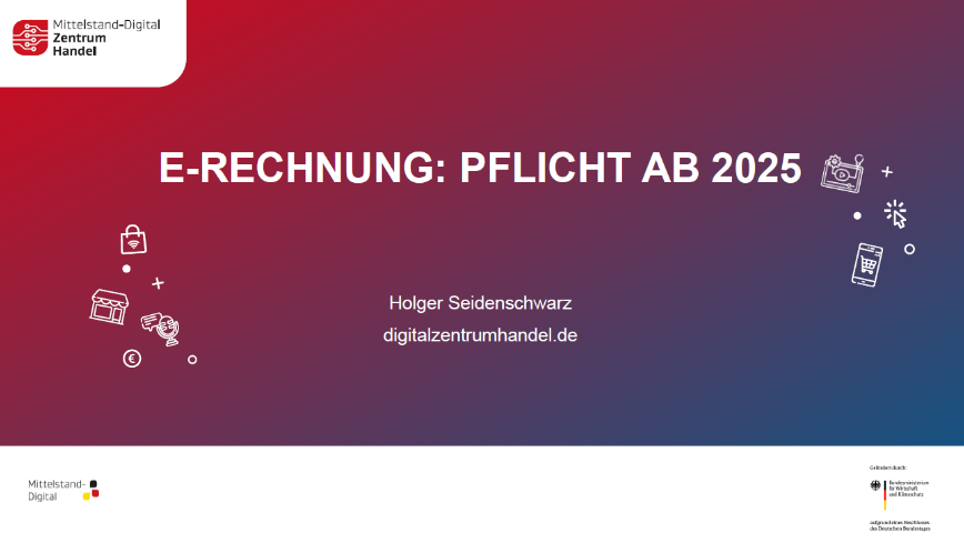 Banner mit rot-blauem Farbverlauf mit der Schrift "E-Rechnung: Pflicht ab 2025"