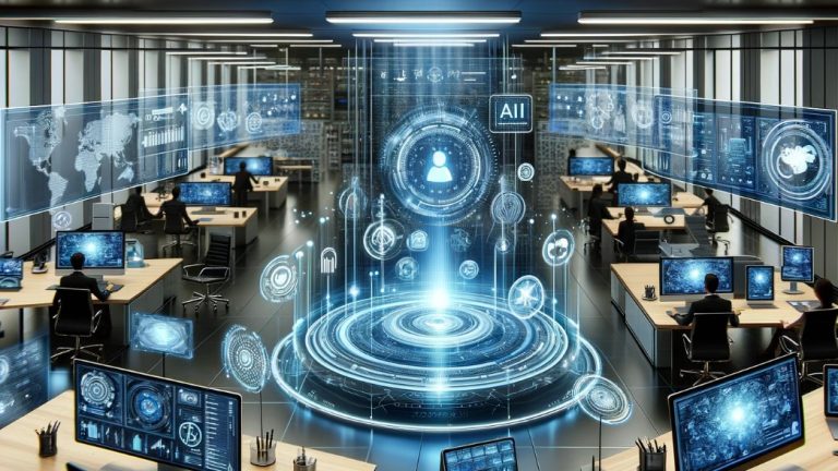 Ein Raum voll mit Laptops und Hologrammen, die Daten anzeigen