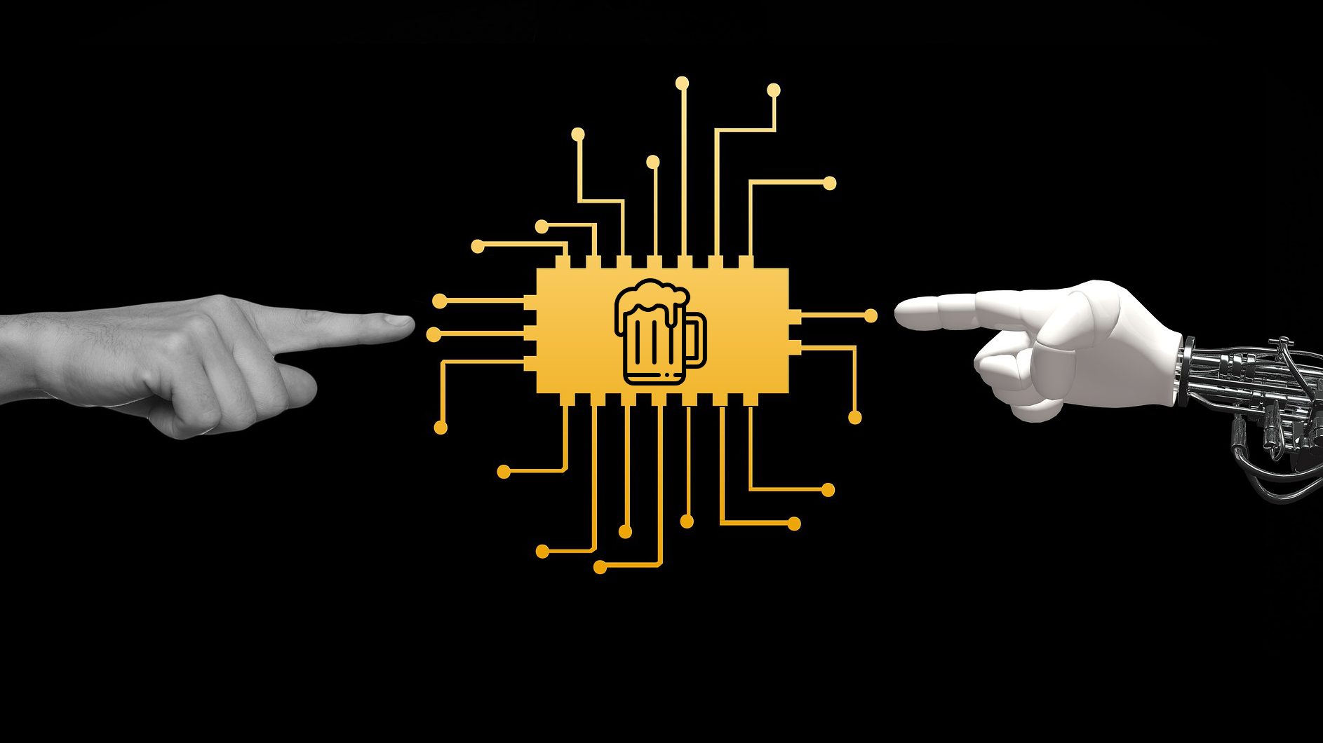 Links kommt eine nach rechts weisende Menschenhand. In der Mitte ist ein Schaltkreis mit einem Bier-Clipart darin. Rechts kommt eine nach links weisende Roboterhand.