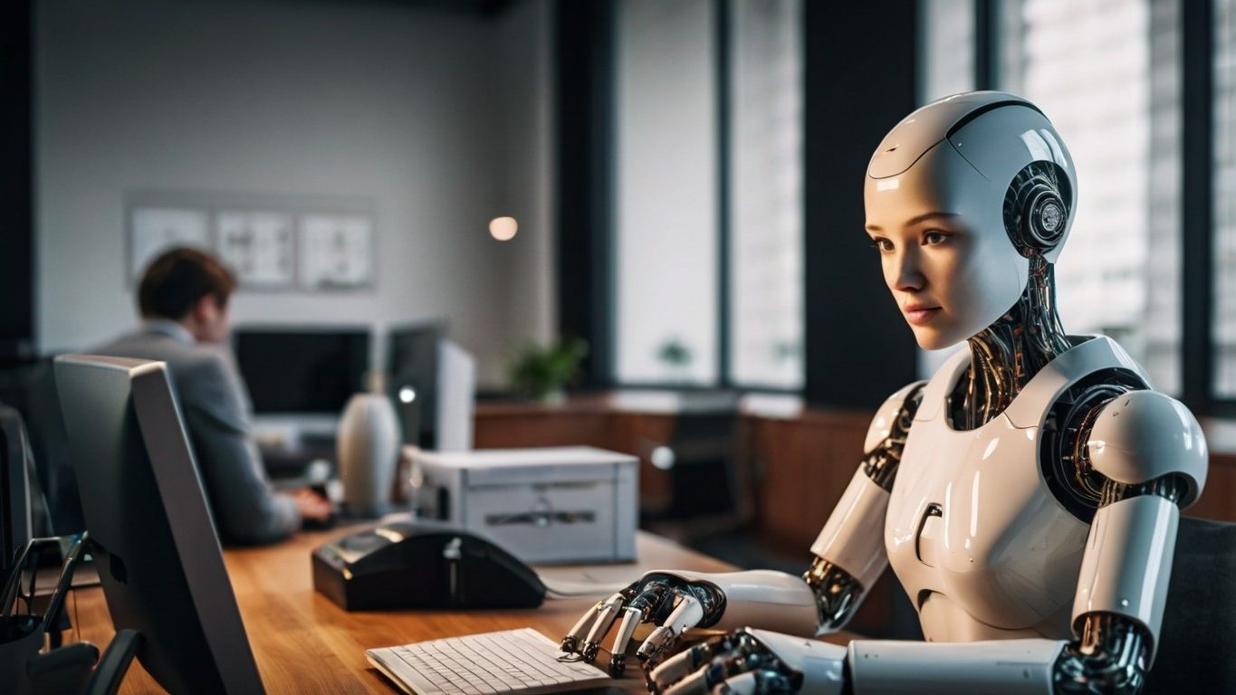 AI Generatoren Roboter sitzt in menschlicher Pose am Schreibtisch und tippt