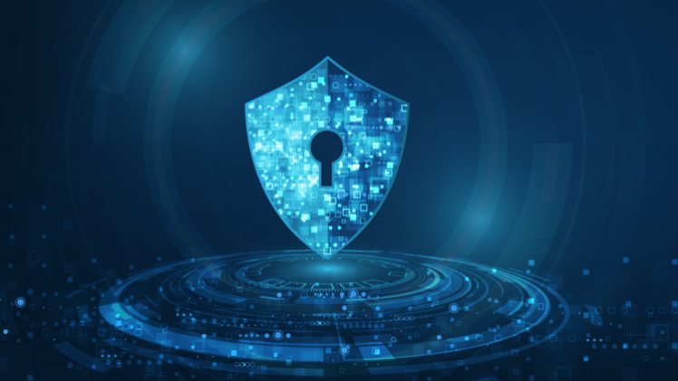 Webinar IT-Sicherheit Ein blaues Schloss vor dunklem Hintergrund