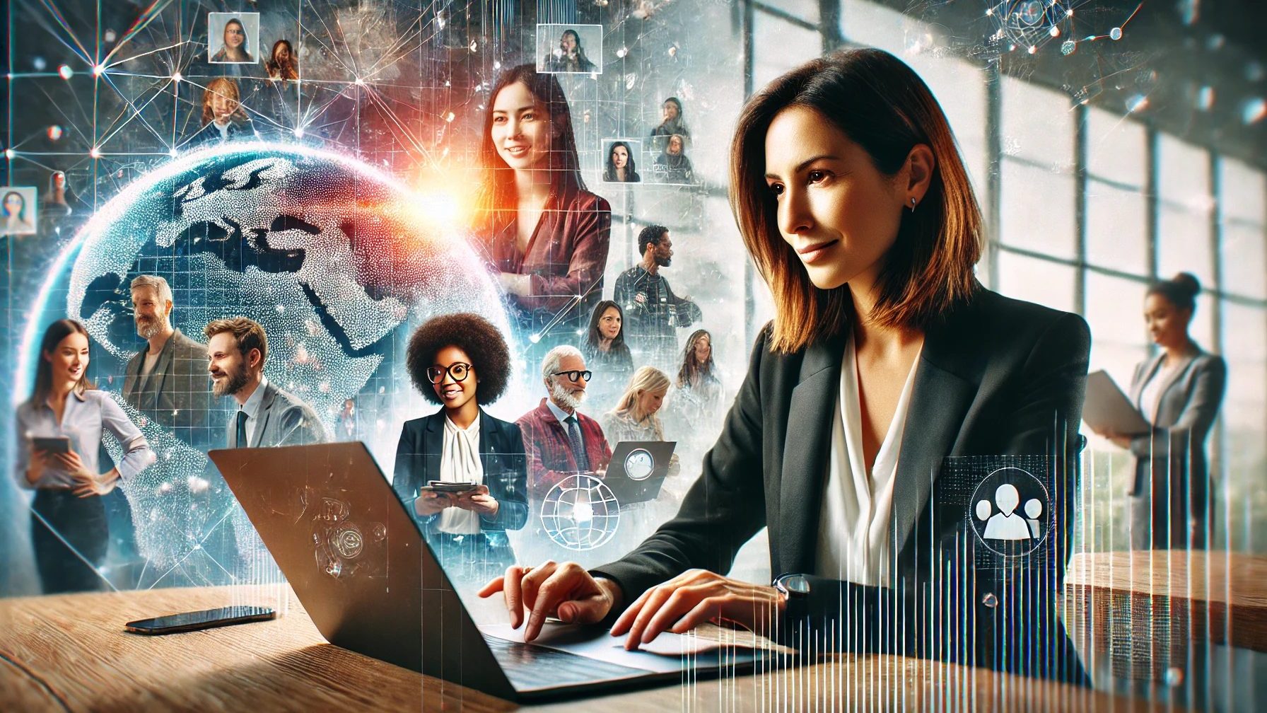 KI-Tools Eine berufstätige Frau um die 40 Jahre alt, die selbstbewusst KI-Tools auf einem Laptop verwendet. Sie befindet sich in einem modernen Arbeitsbereich vor einem dynamischen Hintergrund