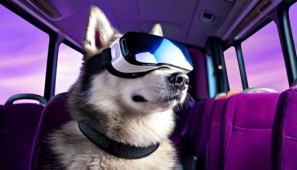 Firefly Husky mit VR-Brille sitzt im Bus Husky mit VR Brille sitzt im Bus auf einem Platz links und guckt seitlich