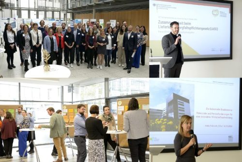 Verschieden Bilder. Vortragende Leute, Veranstalter und Besucher