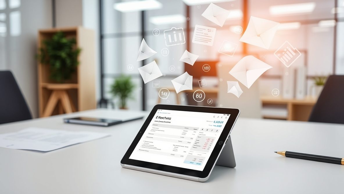 Tablet mit elektronischer Rechnung auf einem Tisch in einem Büro