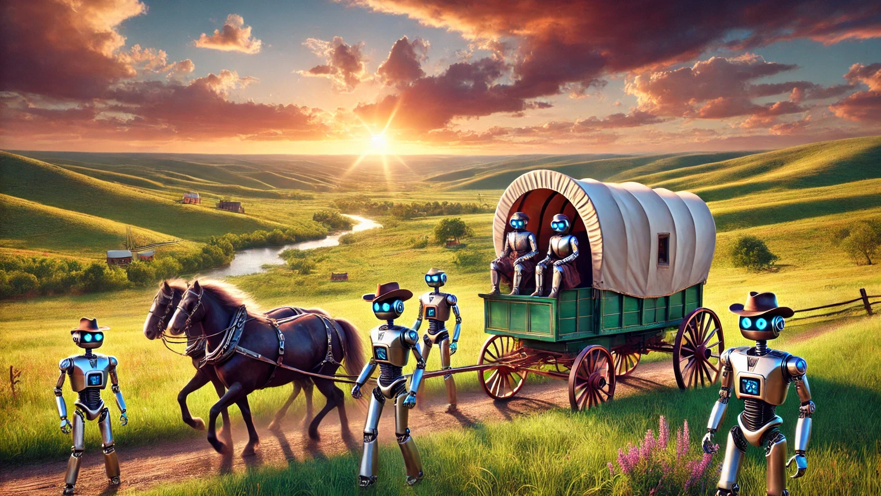 A group of pioneer robots traveling with a covered wagon in a picturesque 19th-century American prairie landscape