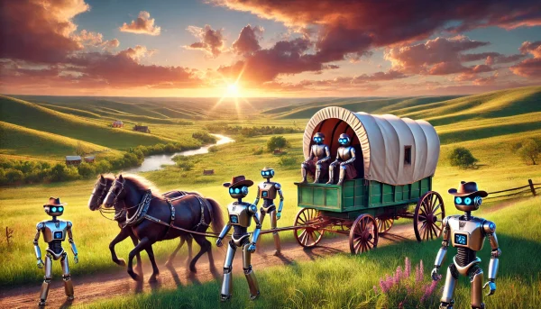 A group of pioneer robots traveling with a covered wagon in a picturesque 19th-century American prairie landscape