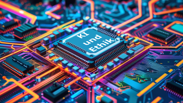 KI-und Ethik Das Bild zeigt einen Computerchip, auf dem die Worte "KI und Ethik" stehen. Es soll die Verbindung zwischen KI und ethischen Fragestellungen in der Technologie symbolisieren.