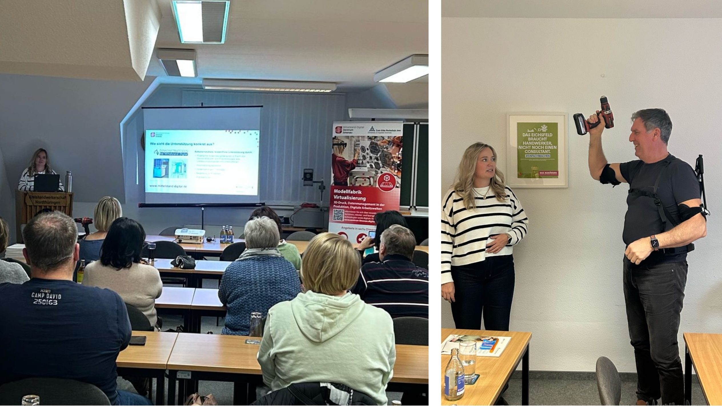 Das Bild zeigt einen Blick in den Veranstaltungsraum sowie einen Teilnehmenden mit einem Exoskelett im Gespräch mit der Referentin Isabell Weiß.