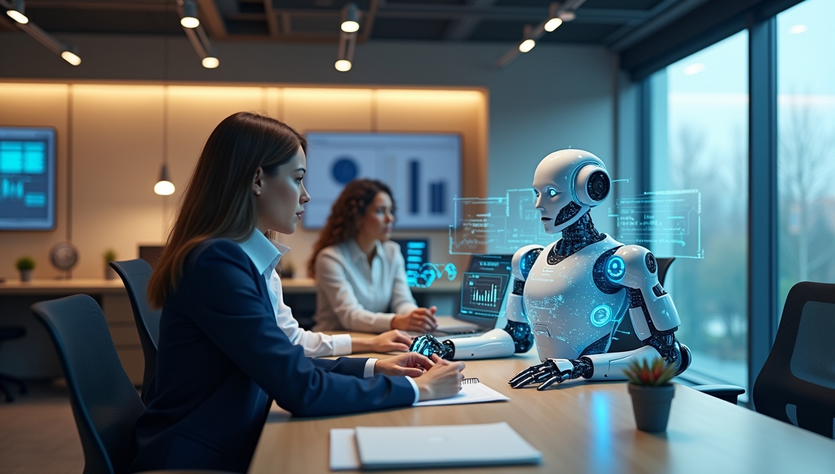 Das Bild zeigt eine Frau, die einem Roboter gegenübersitzt. Es soll das Thema KI im Büromanagement symbolisieren.