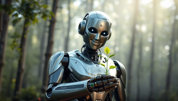 KI und Nachhaltigkeit Das Bild zeigt einen Roboter, der eine Grünpflanze in der Hand hält. Die Darstellung soll das Thema "KI und Nachhaltigkeit" symbolisieren.