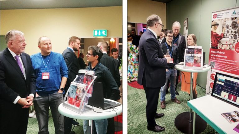 Das Bild vom BVMW-Jahresauftakt in Gera besteht aus 2 Fotos und zeigt die Mitarbeitenden der Modellfabrik Virtualisierung im Gespräch Besuchern.