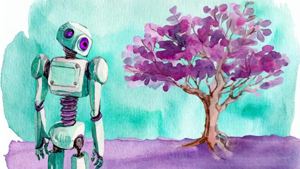 Firefly Roboter Firefly Roboter schaut auf einen Baum, mit lila-türkis Hintergrund 26183