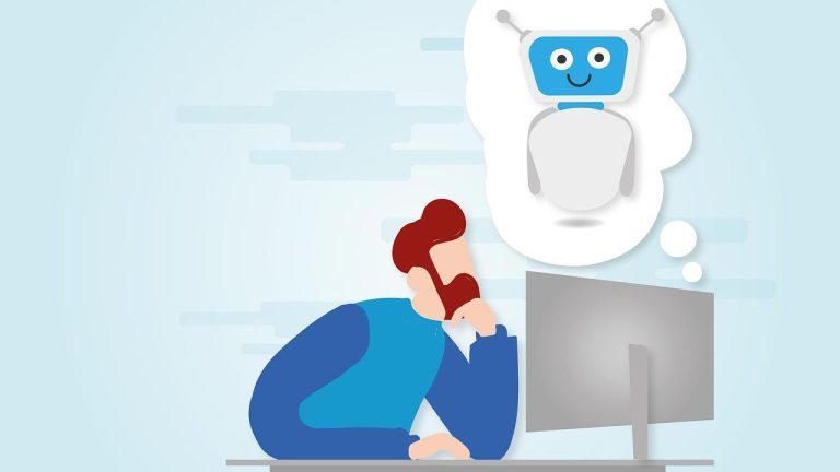 Grafik: Mann vor Laptop denkt an Roboter