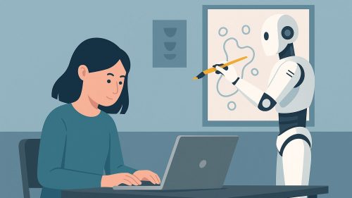 Frau mit dunklen, schulterlangen Haaren, die an einem Schreibtisch sitzt und an einem Laptop arbeitet. Im Hintergrund steht ein humanoider Roboter, der mit einem Pinsel ein abstraktes Gemälde auf einer Leinwand malt.