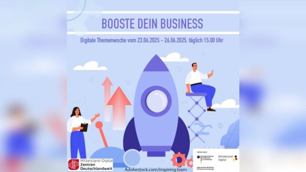 Themenwoche Booste dein Business Bild mit einer Rakete und zwei Menschen und der Aufschrift: Booste dein Business