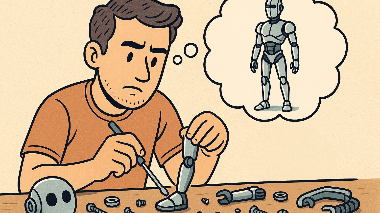 Ein Mann sitzt an einem Tisch und schraubt einen Fuß an ein Roboterbein. Auf der Werkbank liegen weitere Einzelteile und Werkzeuge verstreut. Über seinem Kopf zeigt eine Denkblase einen modernen, eleganten, fertigen Roboter.