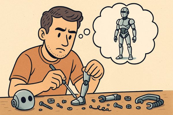 Mensch baut Roboter Ein Mann sitzt an einem Tisch und schraubt einen Fuß an ein Roboterbein. Auf der Werkbank liegen weitere Einzelteile und Werkzeuge verstreut. Über seinem Kopf zeigt eine Denkblase einen modernen, eleganten, fertigen Roboter.