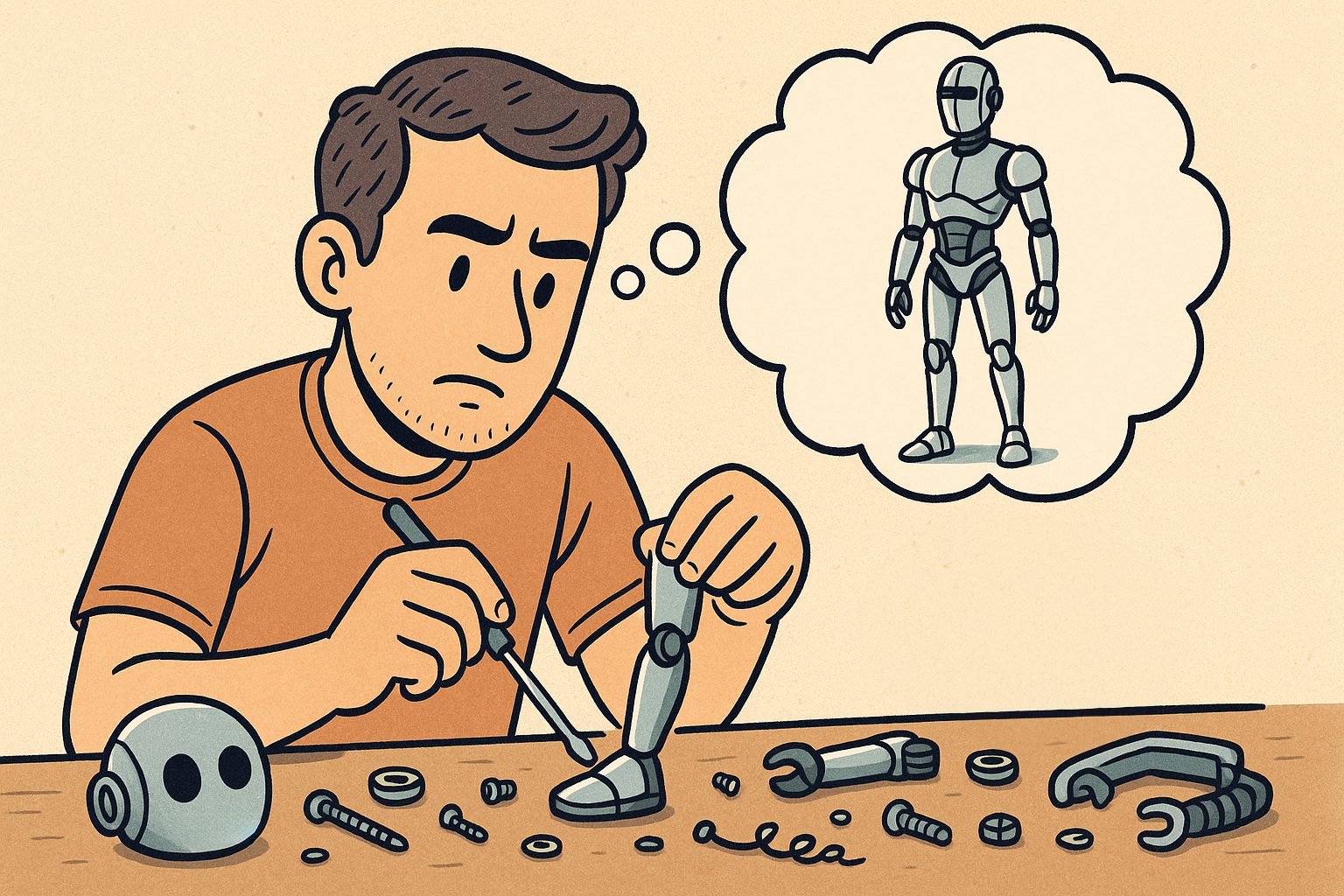 Ein Mann sitzt an einem Tisch und schraubt einen Fuß an ein Roboterbein. Auf der Werkbank liegen weitere Einzelteile und Werkzeuge verstreut. Über seinem Kopf zeigt eine Denkblase einen modernen, eleganten, fertigen Roboter.