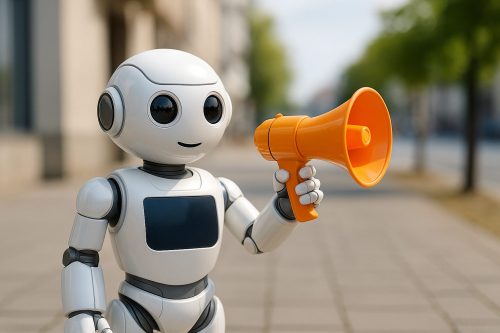 Ein Roboter steht auf der Straße und hat ein Megafon in der Hand