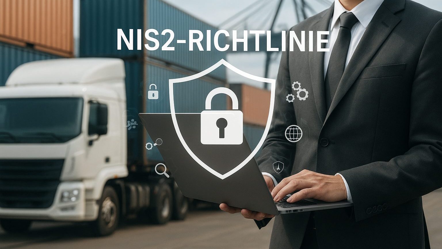 IT-Sicherheit in der Logistik Ein Mann mit einem Laptop steht vor einem LKW