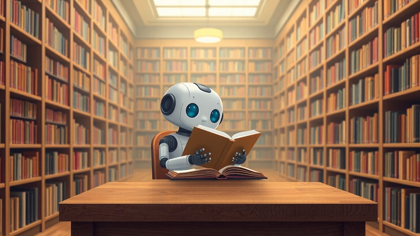Ein Roboter sitzt in einer Bibliothek und liest