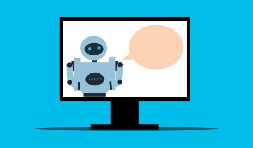 Grafische Darstellung eines Bildschirms, darauf ist ein Roboter mit einer Sprechblase zu sehen.
