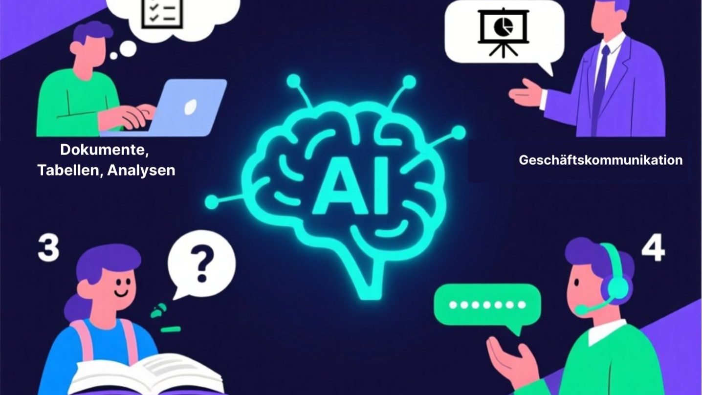 Infografik zur Nutzung von Künstlicher Intelligenz. In der Mitte leuchtet ein Gehirn mit der Aufschrift ‚AI‘. Darum gruppiert sind vier Anwendungsbereiche: oben links ‚Dokumente, Tabellen, Analysen‘ mit einer Person am Laptop, oben rechts ‚Geschäftskommunikation‘ mit einer Person im Anzug und Präsentationssymbol, unten links ‚Suche & Lernen‘ mit einer Person und offenem Buch, unten rechts ‚Kundensupport & FAQs‘ mit einer Person mit Headset und Sprechblase