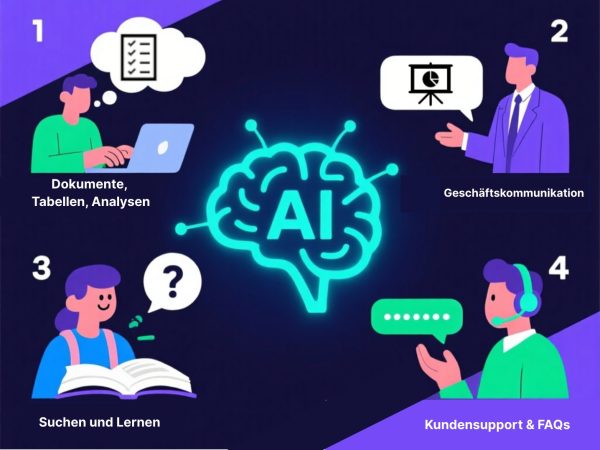 Documente, Tabellen, Analysen Infografik zur Nutzung von Künstlicher Intelligenz. In der Mitte leuchtet ein Gehirn mit der Aufschrift ‚AI‘. Darum gruppiert sind vier Anwendungsbereiche: oben links ‚Dokumente, Tabellen, Analysen‘ mit einer Person am Laptop, oben rechts ‚Geschäftskommunikation‘ mit einer Person im Anzug und Präsentationssymbol, unten links ‚Suche & Lernen‘ mit einer Person und offenem Buch, unten rechts ‚Kundensupport & FAQs‘ mit einer Person mit Headset und Sprechblase