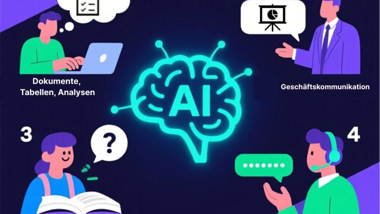Documente, Tabellen, Analysen Infografik zur Nutzung von Künstlicher Intelligenz. In der Mitte leuchtet ein Gehirn mit der Aufschrift ‚AI‘. Darum gruppiert sind vier Anwendungsbereiche: oben links ‚Dokumente, Tabellen, Analysen‘ mit einer Person am Laptop, oben rechts ‚Geschäftskommunikation‘ mit einer Person im Anzug und Präsentationssymbol, unten links ‚Suche & Lernen‘ mit einer Person und offenem Buch, unten rechts ‚Kundensupport & FAQs‘ mit einer Person mit Headset und Sprechblase